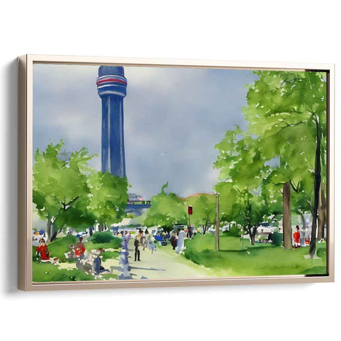 Tranquil Urban Park: Watercolor Serenity with Tower View