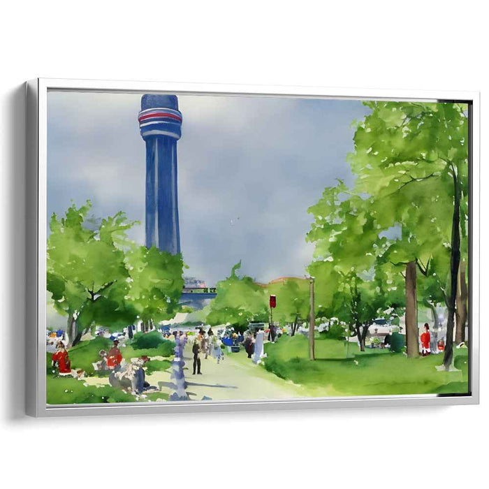 Tranquil Urban Park: Watercolor Serenity with Tower View