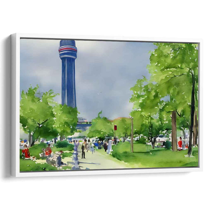 Tranquil Urban Park: Watercolor Serenity with Tower View