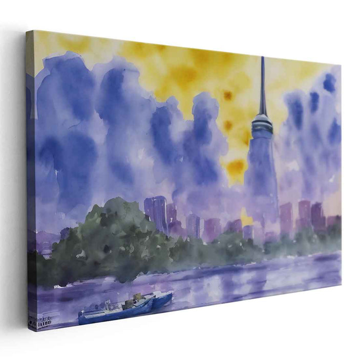 Dreamy Waterfront: Serene Cityscape with Tower and Boat