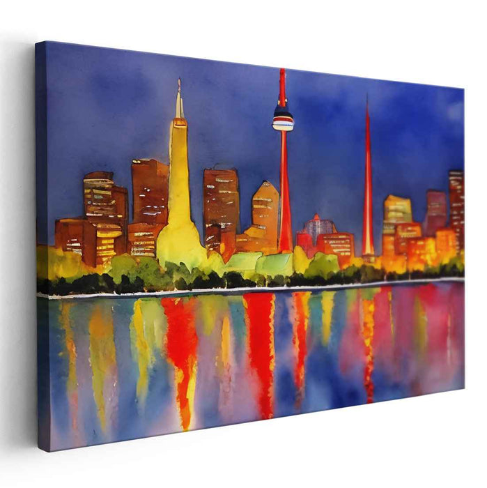 Sundown Urban Watercolor Symphony: Vibrant Cityscape Dusk Watercolor Canvas Art Print