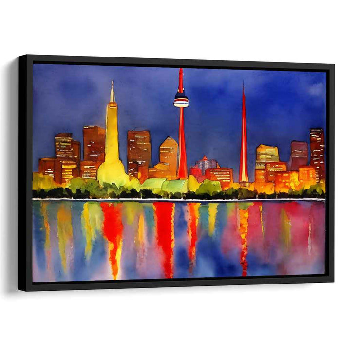 Sundown Urban Watercolor Symphony: Vibrant Cityscape Dusk Watercolor Canvas Art Print