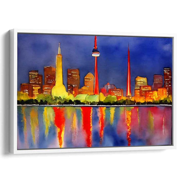 Sundown Urban Watercolor Symphony: Vibrant Cityscape Dusk Watercolor Canvas Art Print
