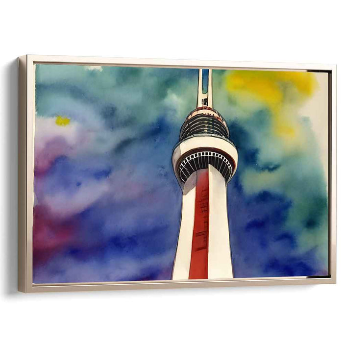 Skyward Marvel: Modern Tower Against a Vibrant Sky Canvas Art Print
