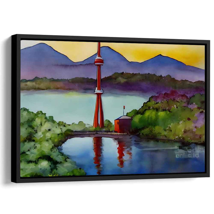 Scarlet Fortress Perspective: Watercolor Landscape with Red Tower