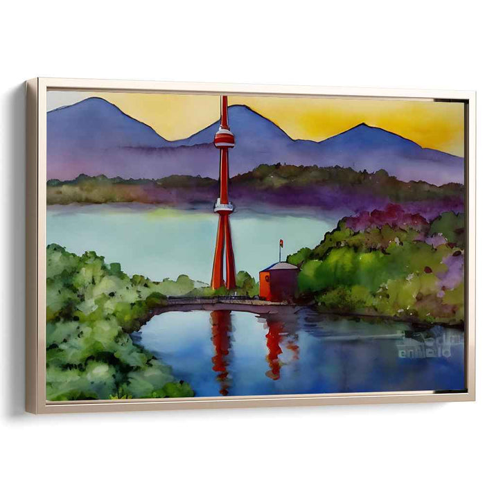 Scarlet Fortress Perspective: Watercolor Landscape with Red Tower