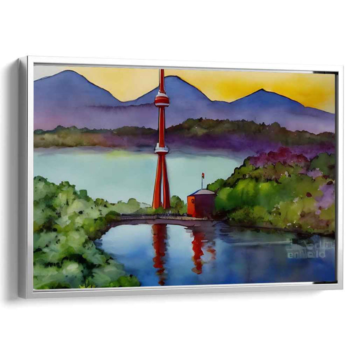 Scarlet Fortress Perspective: Watercolor Landscape with Red Tower