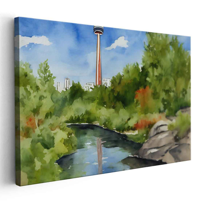Pinnacle Oasis Mirage: Serene Landscape with Iconic Tower Watercolor Canvas Art Print