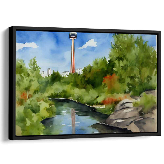 Pinnacle Oasis Mirage: Serene Landscape with Iconic Tower Watercolor Canvas Art Print