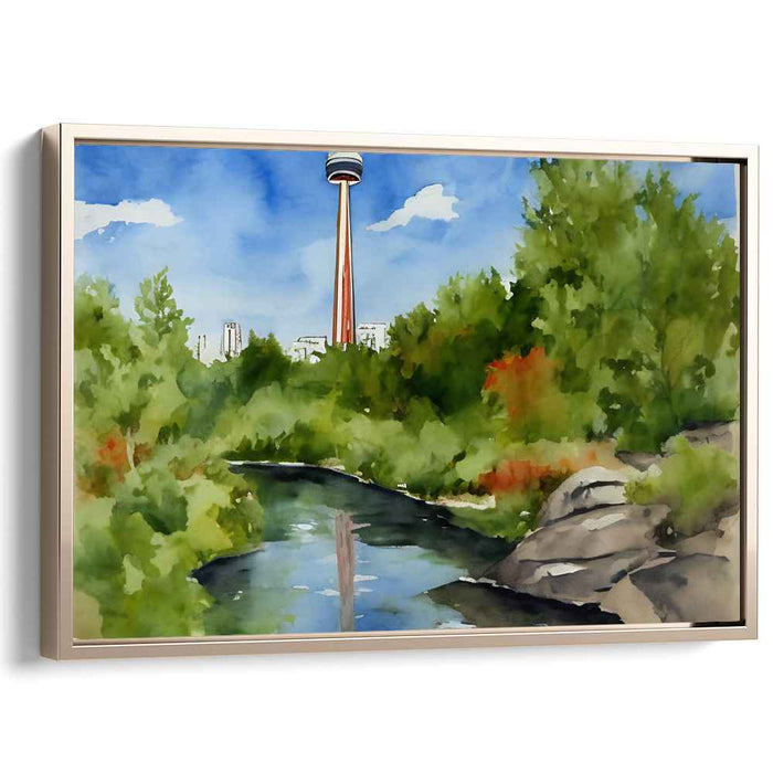 Pinnacle Oasis Mirage: Serene Landscape with Iconic Tower Watercolor Canvas Art Print