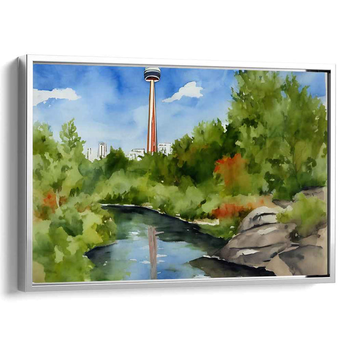 Pinnacle Oasis Mirage: Serene Landscape with Iconic Tower Watercolor Canvas Art Print