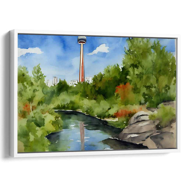 Pinnacle Oasis Mirage: Serene Landscape with Iconic Tower Watercolor Canvas Art Print