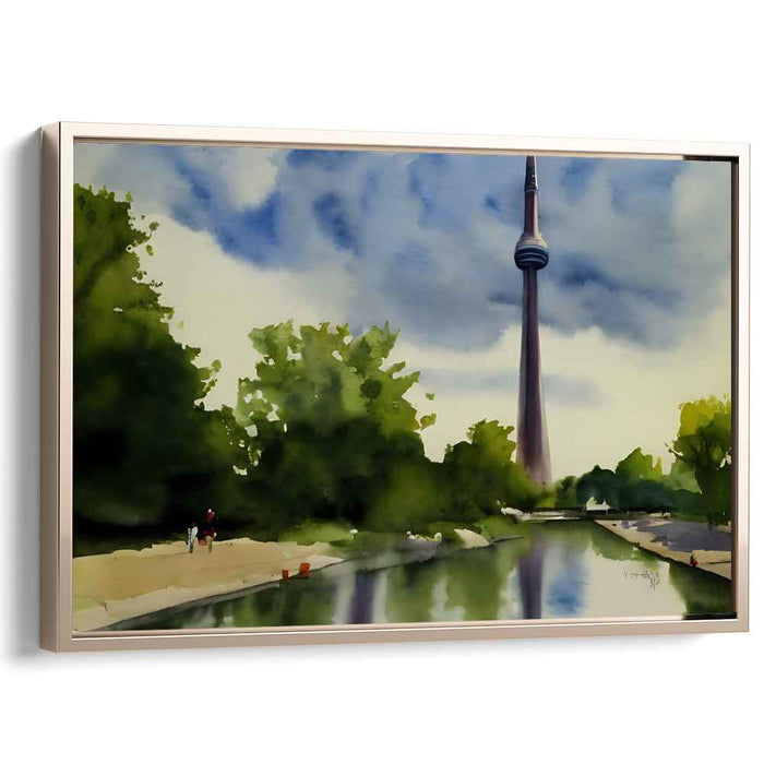 Citadel Mist: Watercolor Landscape with Tower Canvas Art Print