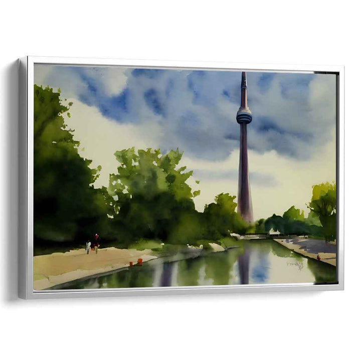 Citadel Mist: Watercolor Landscape with Tower Canvas Art Print