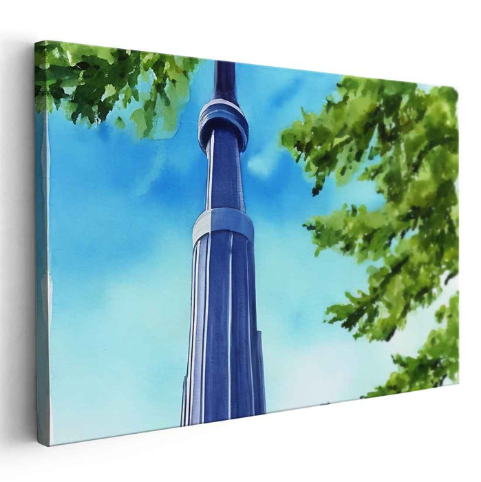 Verdant Tower Vista: Impressionist Watercolor of Tower Amidst Verdant Canopy