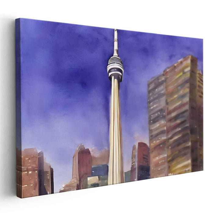 Chromatic Metropolis Mirage: Watercolour CN Tower and Skyscrapers Canvas Art Print