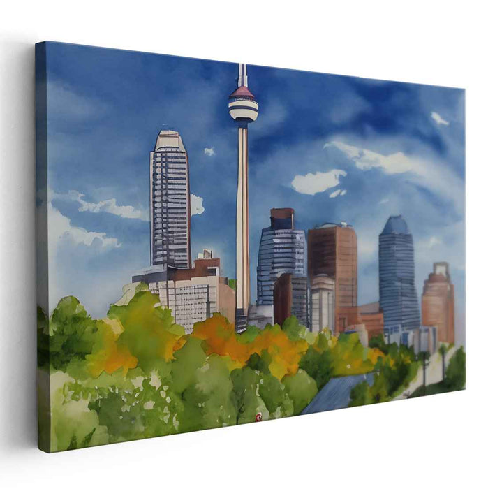 Urban Splendor: Watercolor City Skyline with Iconic Tower