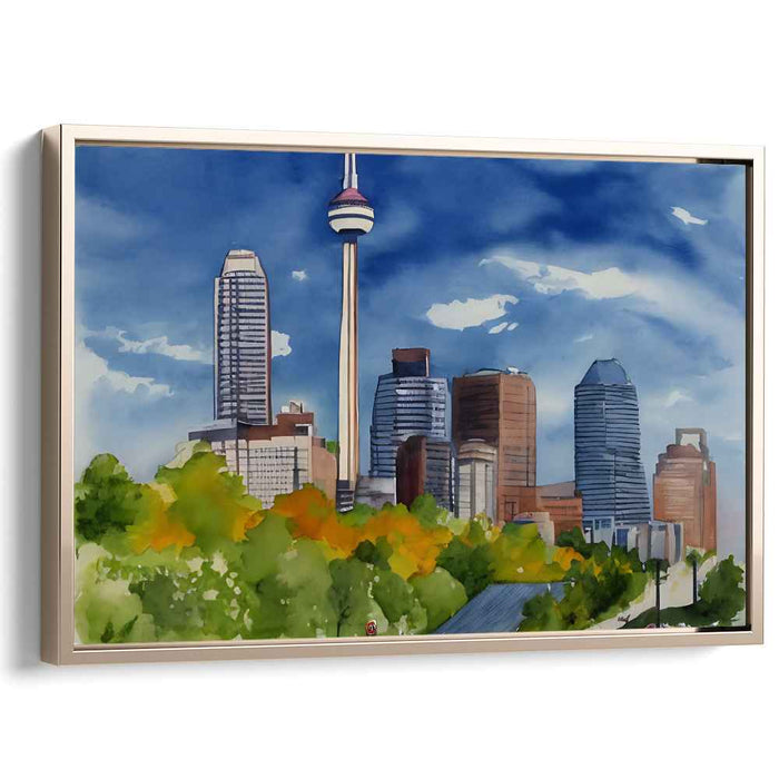 Urban Splendor: Watercolor City Skyline with Iconic Tower