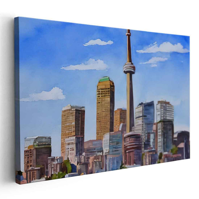 Iconic Horizon Impressions: Watercolor Skyline with Iconic Tower Canvas Art