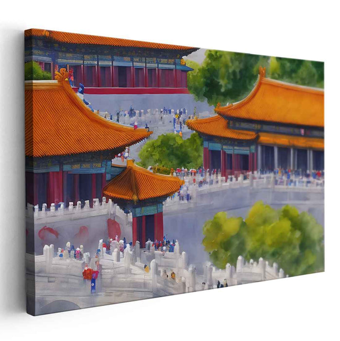 Palace in Misty Hills: Watercolor Chinese Palace Landscape