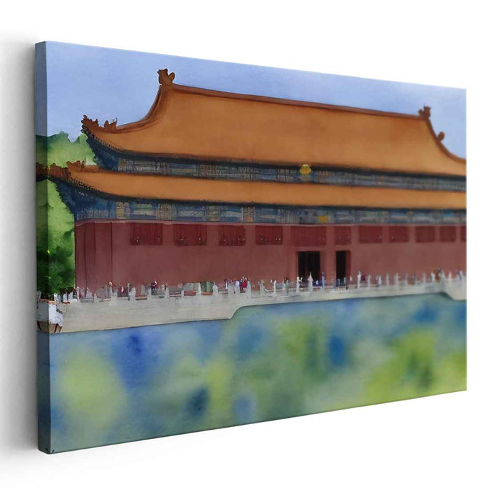 Jade Dragon Manor: Watercolor Chinese Palace Canvas Art Print