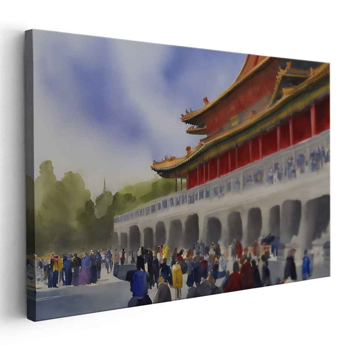 Serene Temple Reflections: Watercolor Depiction of a Grand Asian Temple