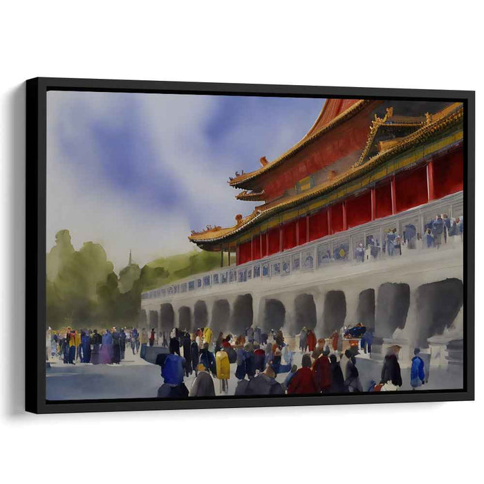 Serene Temple Reflections: Watercolor Depiction of a Grand Asian Temple