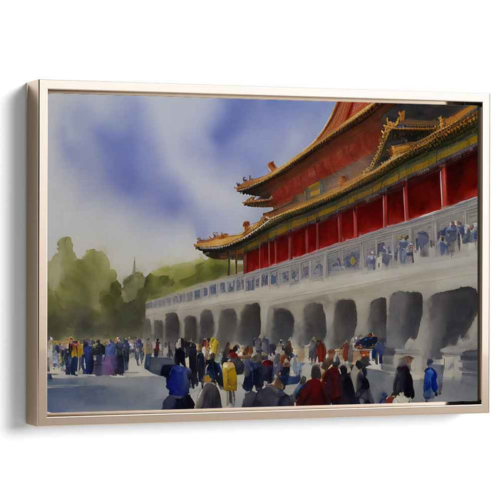 Serene Temple Reflections: Watercolor Depiction of a Grand Asian Temple