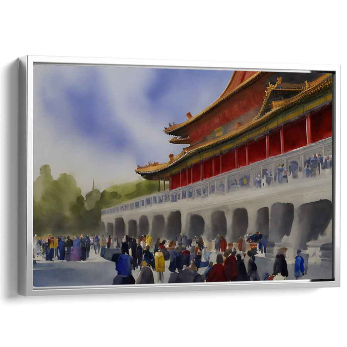Serene Temple Reflections: Watercolor Depiction of a Grand Asian Temple