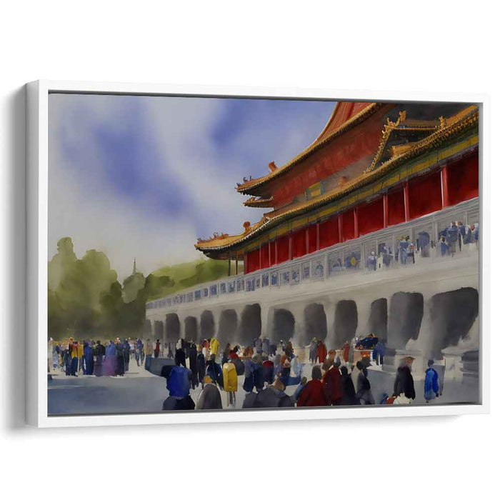 Serene Temple Reflections: Watercolor Depiction of a Grand Asian Temple