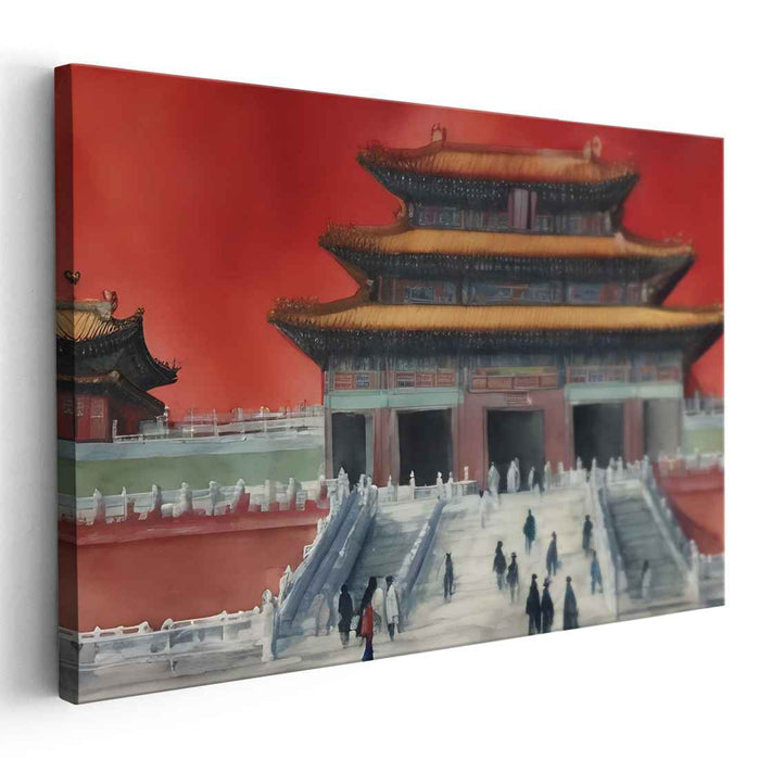 Scarlet Palace Serenade: Vibrant Red Forbidden City Watercolor Canvas Art