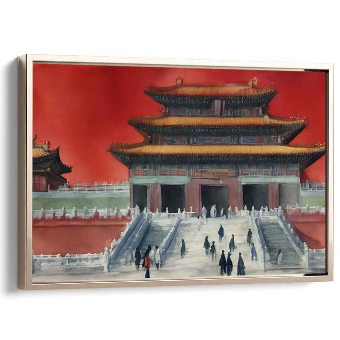 Scarlet Palace Serenade: Vibrant Red Forbidden City Watercolor Canvas Art