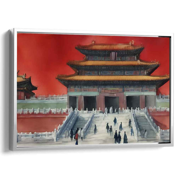 Scarlet Palace Serenade: Vibrant Red Forbidden City Watercolor Canvas Art