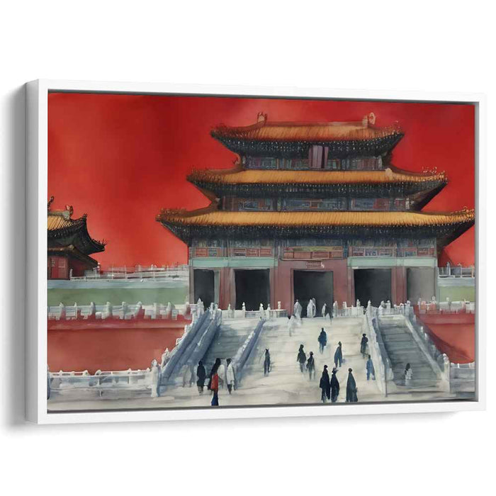 Scarlet Palace Serenade: Vibrant Red Forbidden City Watercolor Canvas Art