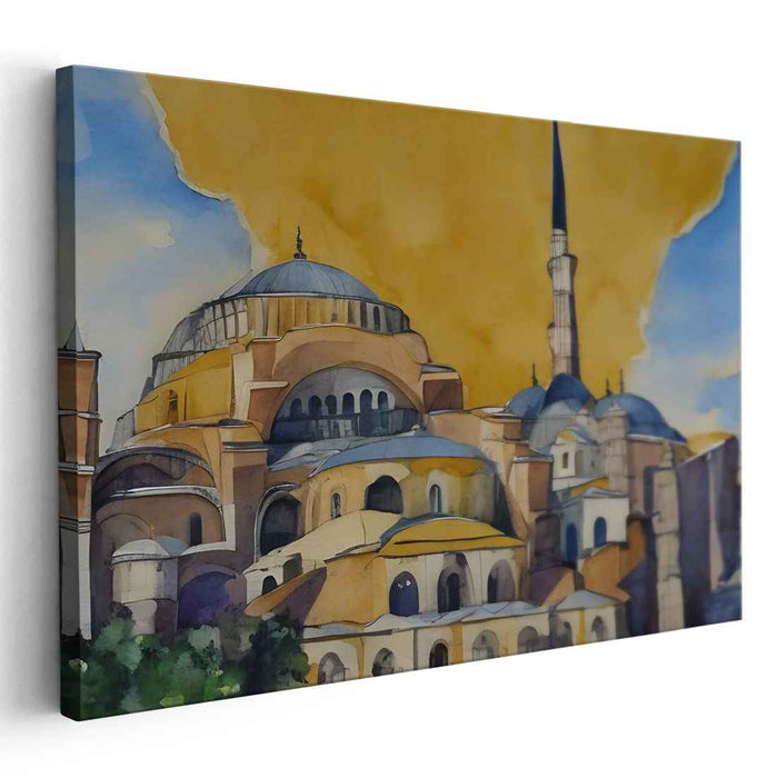 Ethereal Dawn at Hagia Sophia: Majestic Watercolor Art Print