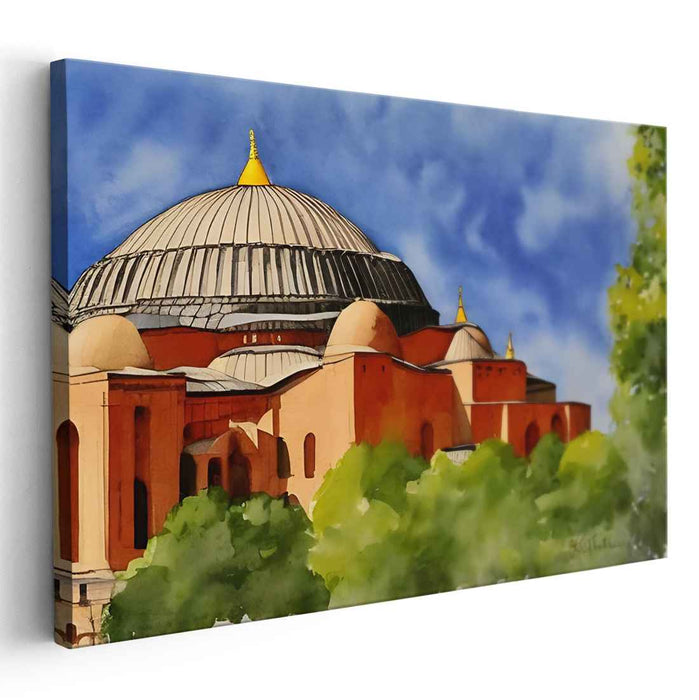 Ethereal Elegance Among Azure Dreams: Watercolor of Hagia Sophia Against a Blue Sky