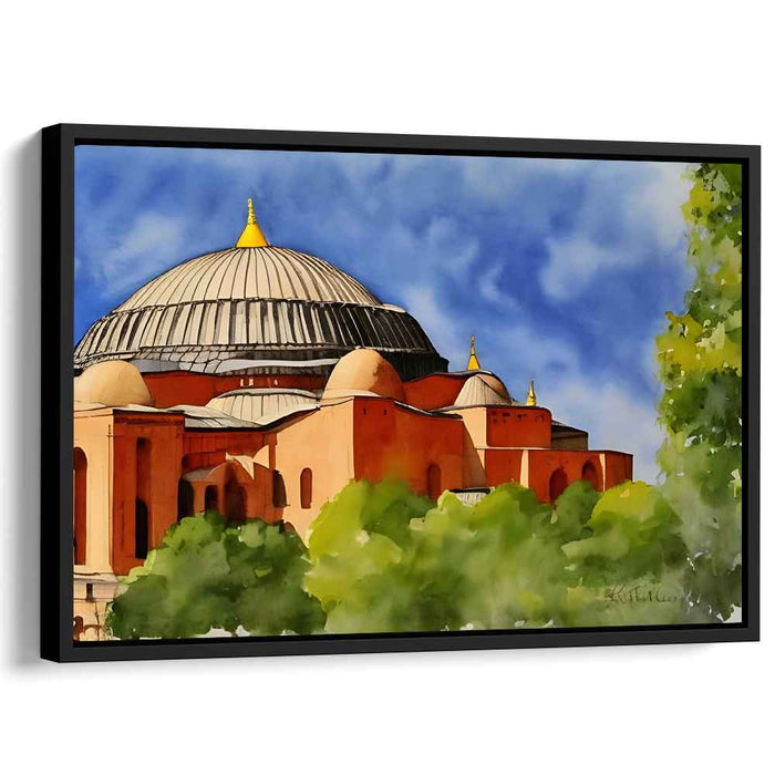 Ethereal Elegance Among Azure Dreams: Watercolor of Hagia Sophia Against a Blue Sky