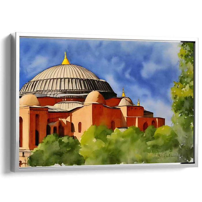 Ethereal Elegance Among Azure Dreams: Watercolor of Hagia Sophia Against a Blue Sky