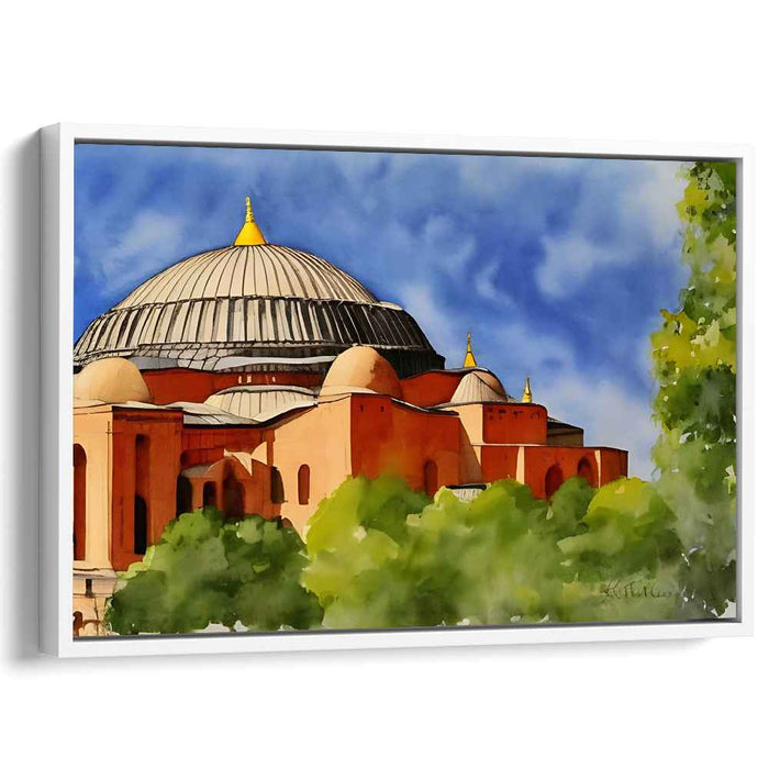Ethereal Elegance Among Azure Dreams: Watercolor of Hagia Sophia Against a Blue Sky