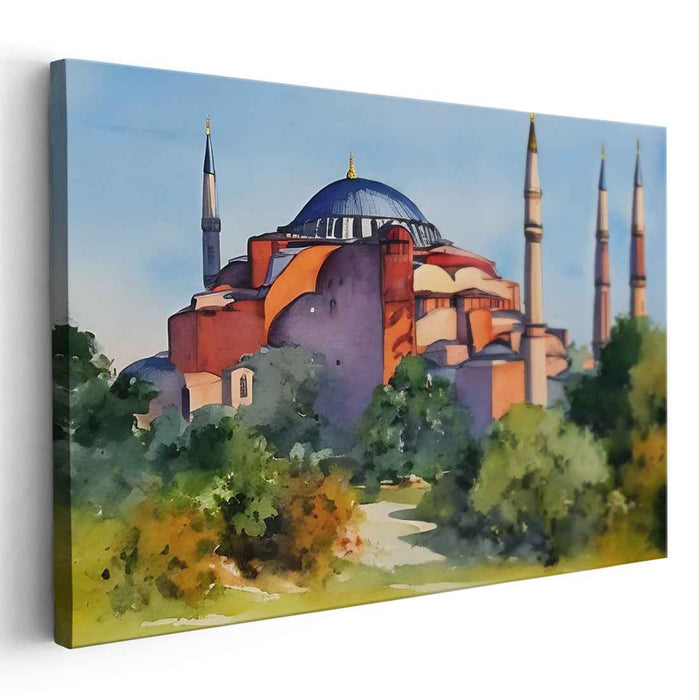 Ethereal Echos of Byzantium: Watercolor Print of Hagia Sophia Amidst Nature