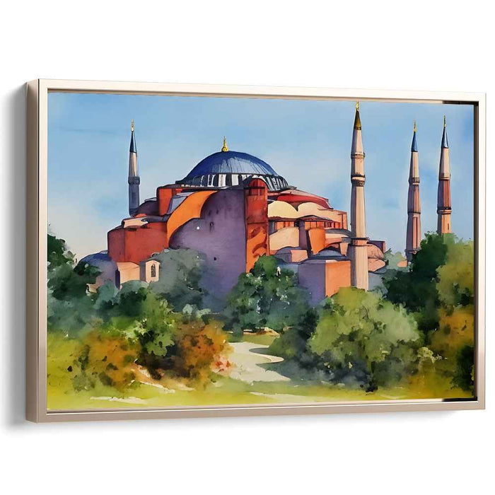 Ethereal Echos of Byzantium: Watercolor Print of Hagia Sophia Amidst Nature