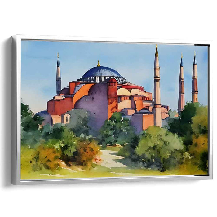 Ethereal Echos of Byzantium: Watercolor Print of Hagia Sophia Amidst Nature