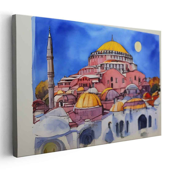 Spectral Skyline Symphony: Watercolor Architectural Marvel Canvas Art Print