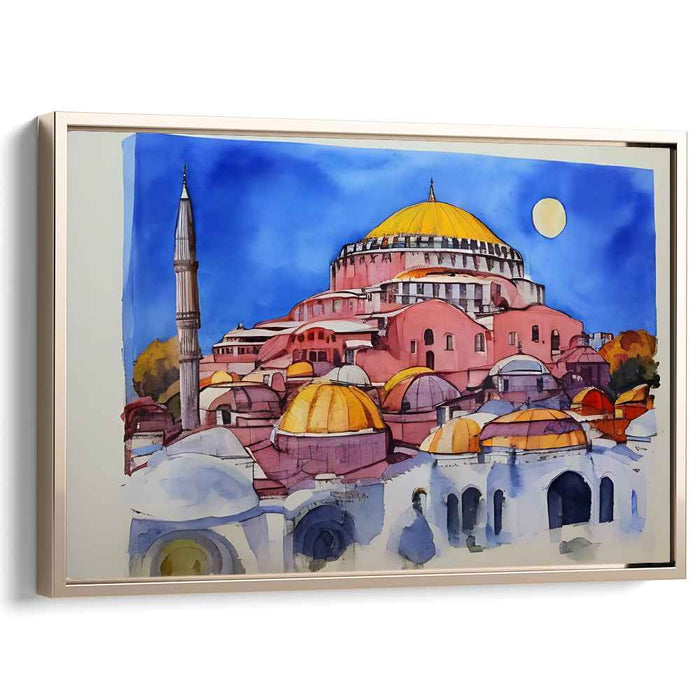 Spectral Skyline Symphony: Watercolor Architectural Marvel Canvas Art Print