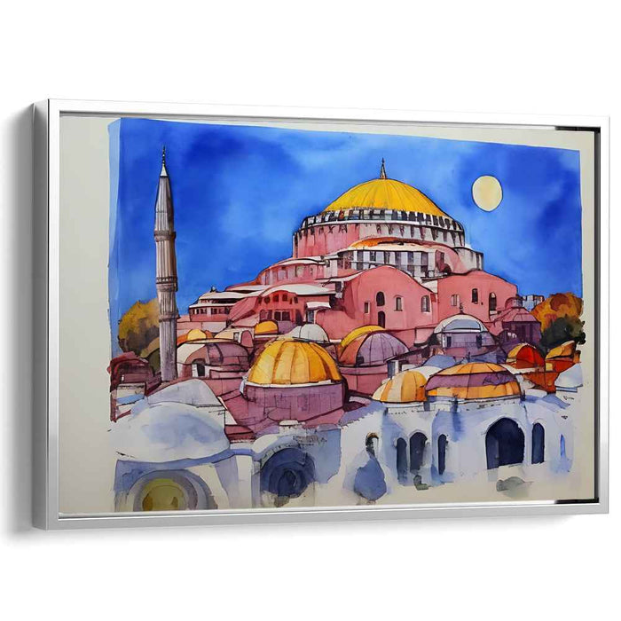 Spectral Skyline Symphony: Watercolor Architectural Marvel Canvas Art Print