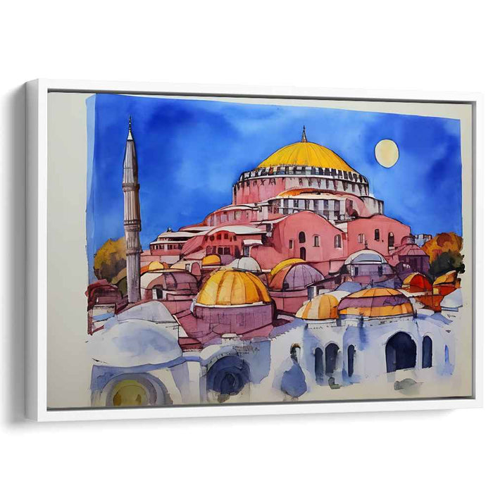 Spectral Skyline Symphony: Watercolor Architectural Marvel Canvas Art Print