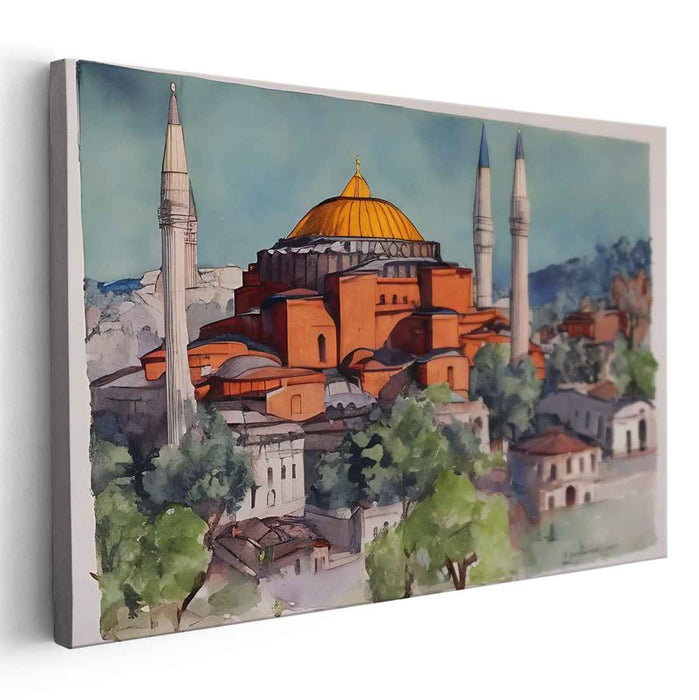 Golden Echoes of Byzantium: Watercolor Print of Hagia Sophia with Golden Dome