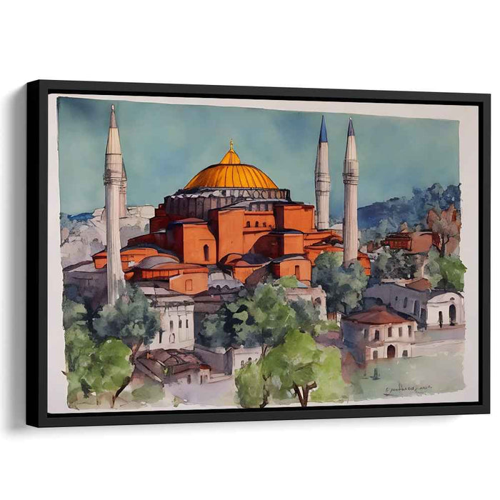 Golden Echoes of Byzantium: Watercolor Print of Hagia Sophia with Golden Dome