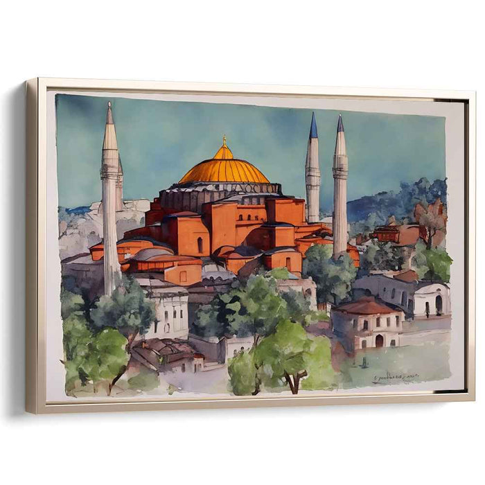 Golden Echoes of Byzantium: Watercolor Print of Hagia Sophia with Golden Dome