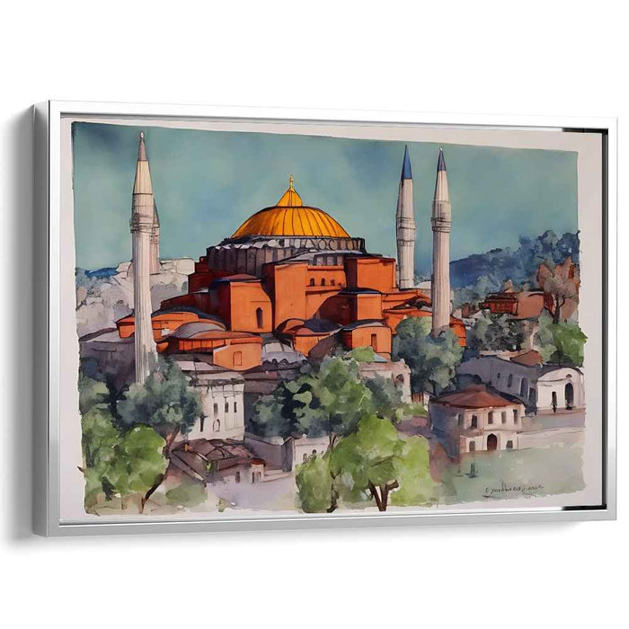 Golden Echoes of Byzantium: Watercolor Print of Hagia Sophia with Golden Dome